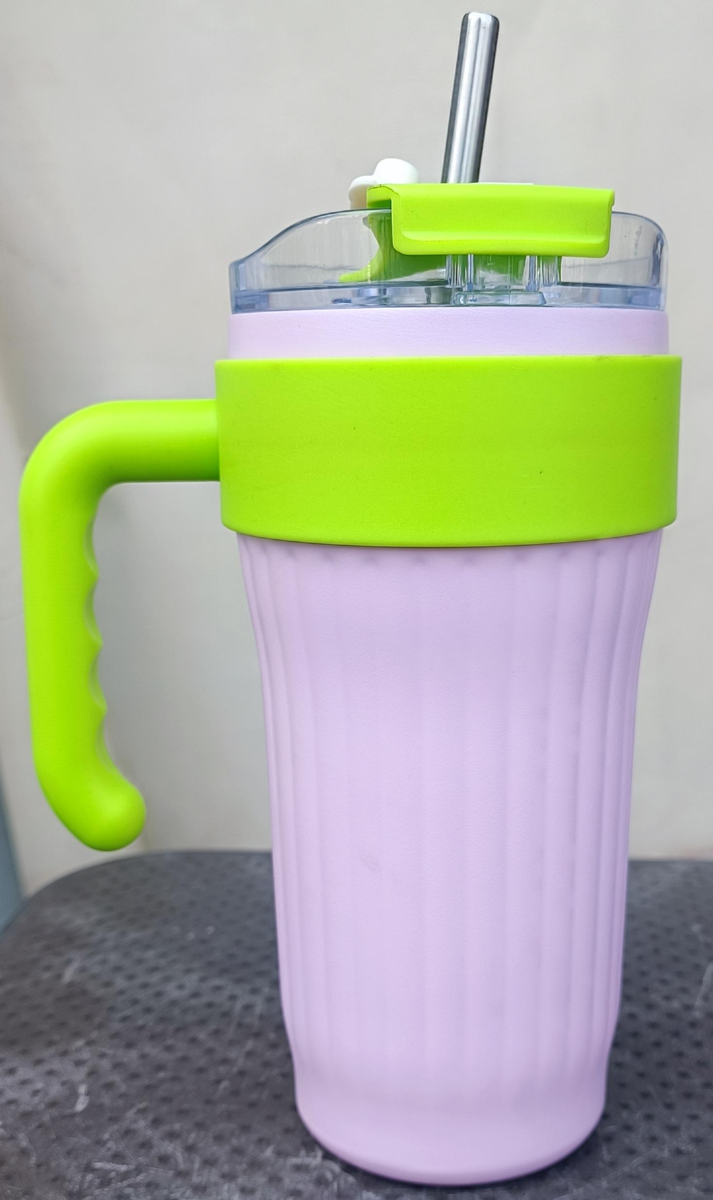 Pastel Ribbed Vacuum Insulated Tumbler Mug with Handle & Straw