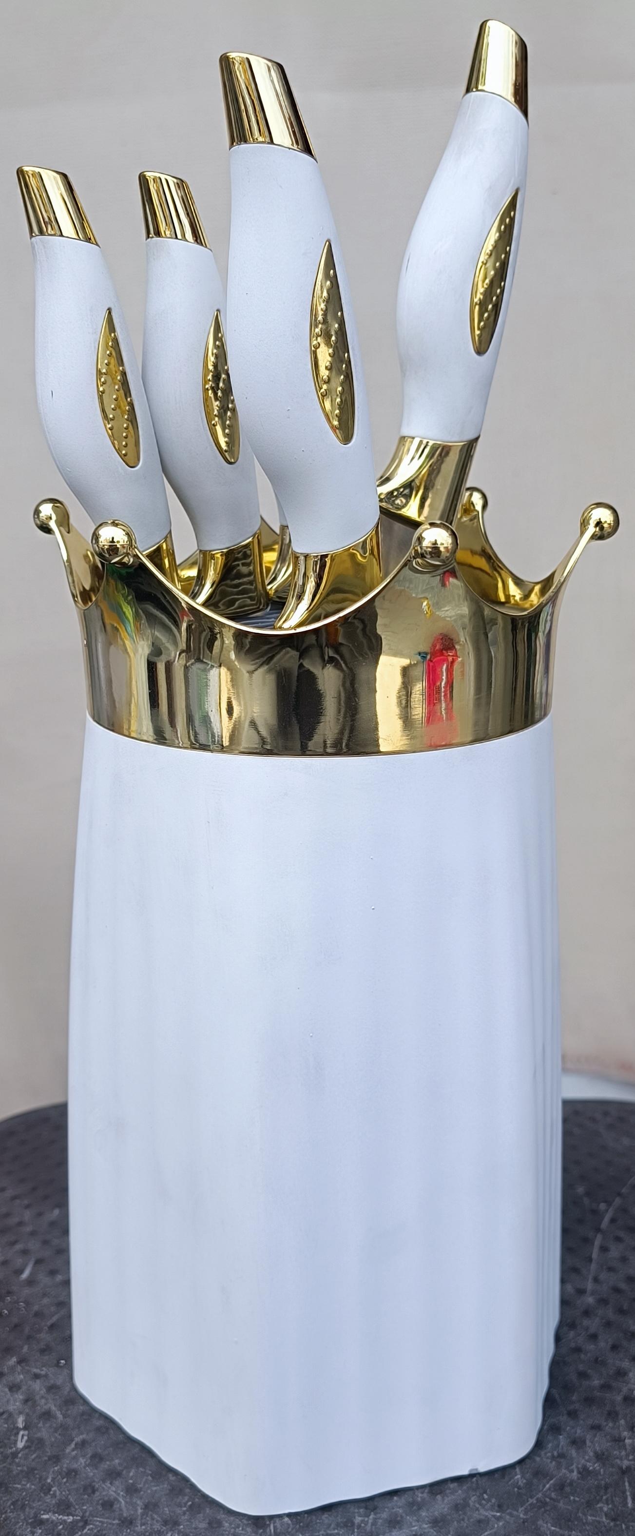 Luxury White & Gold Crown Kitchen Knife Set with Counter Stand - Royal Crown Design