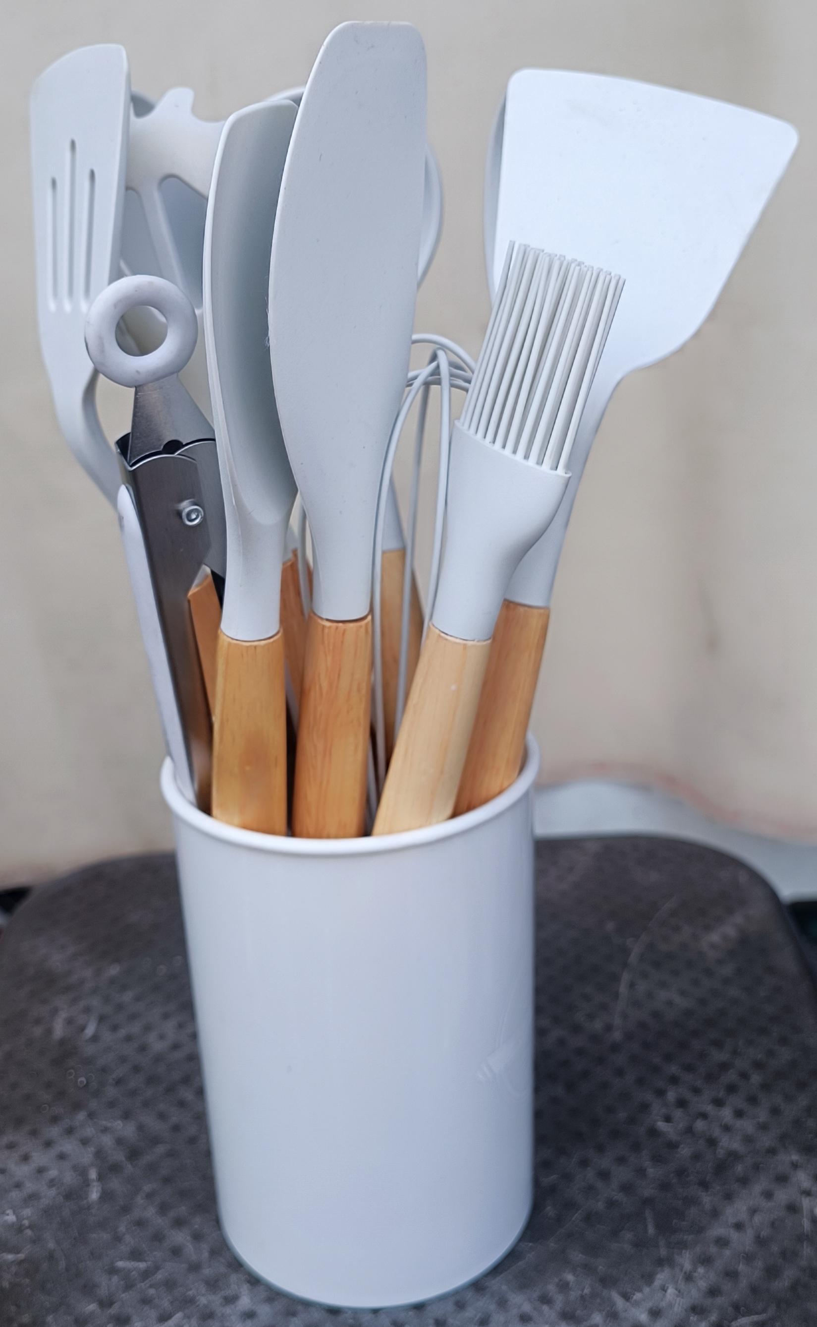 Silicone Cooking Utensils Set with Wooden Handles and Countertop Holder - Kitchen & Cooking