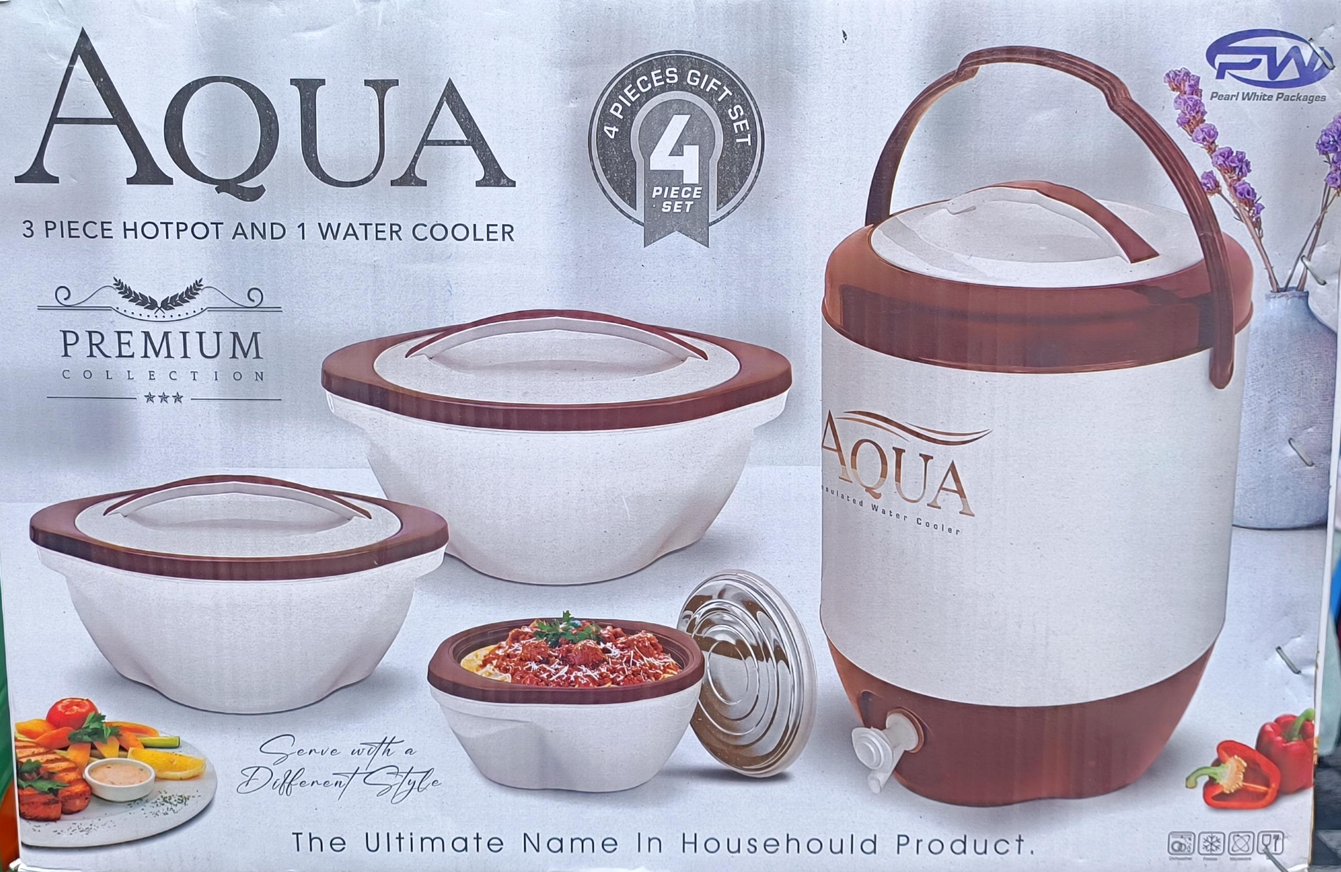 Aqua Premium 4-Piece Insulated Hotpot & Water Cooler Gift Set (by Pearl White Packages)