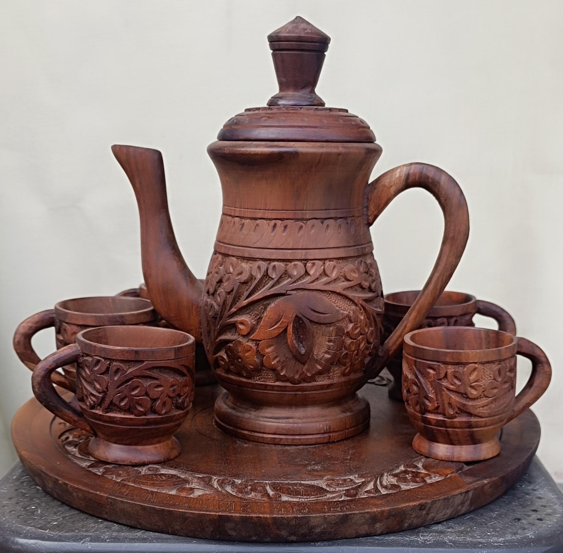 Traditional Handcrafted Floral Carved Wooden Tea Pot & 6 Cups Set with Round Tray