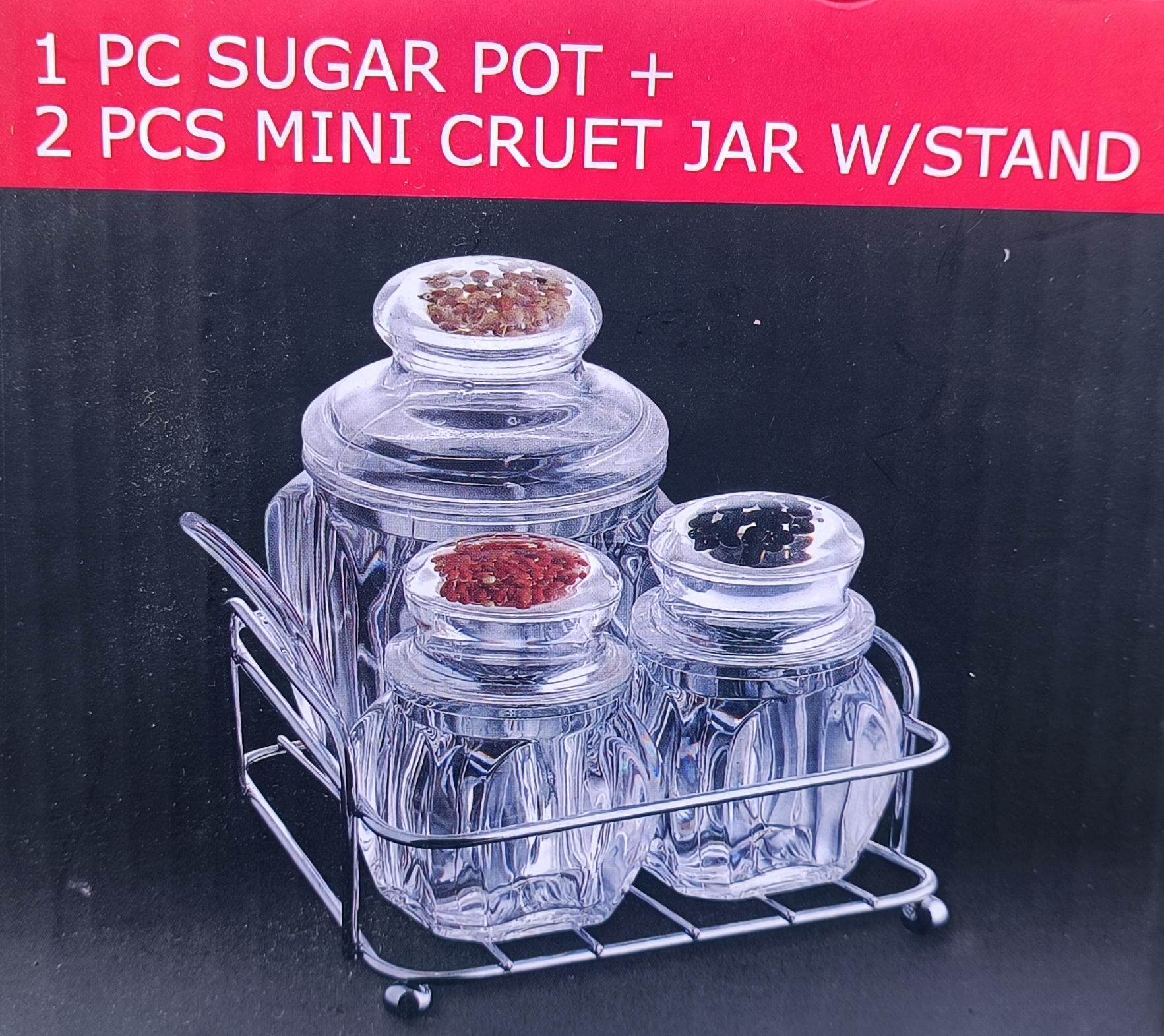 Glass Condiment Cruet & Sugar Pot Set with Chrome Wire Stand