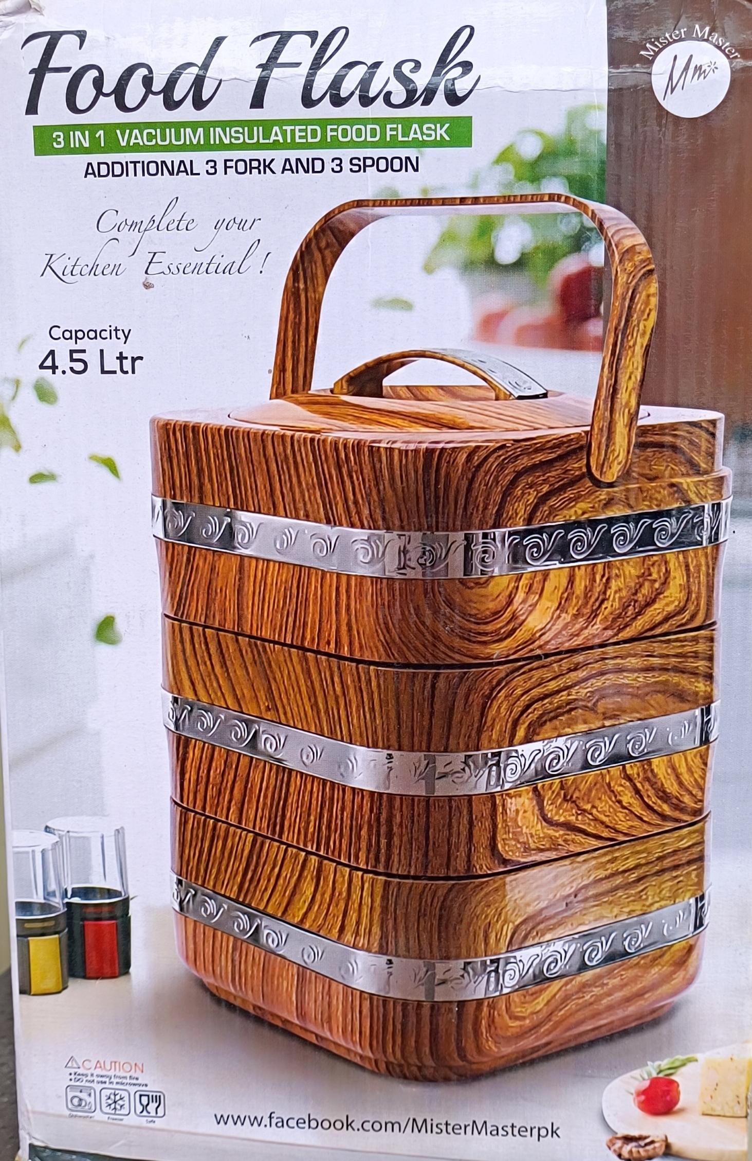 3-in-1 Vacuum Insulated Food Flask 4.5L (Woodgrain Finish with Cutlery) - Mister Master
