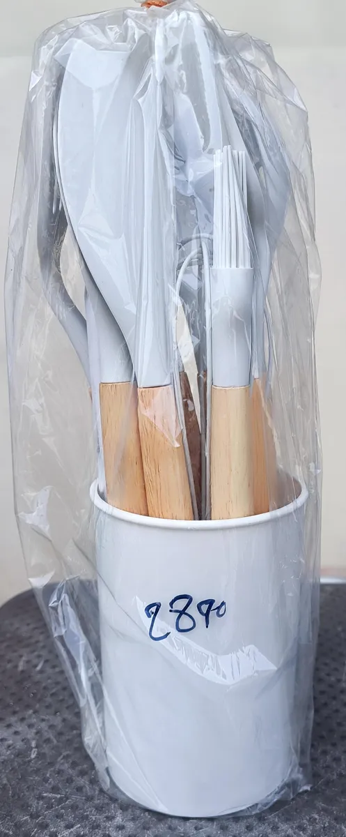Silicone Cooking Utensils Set with Wooden Handles and Countertop Holder - Kitchen & Cooking