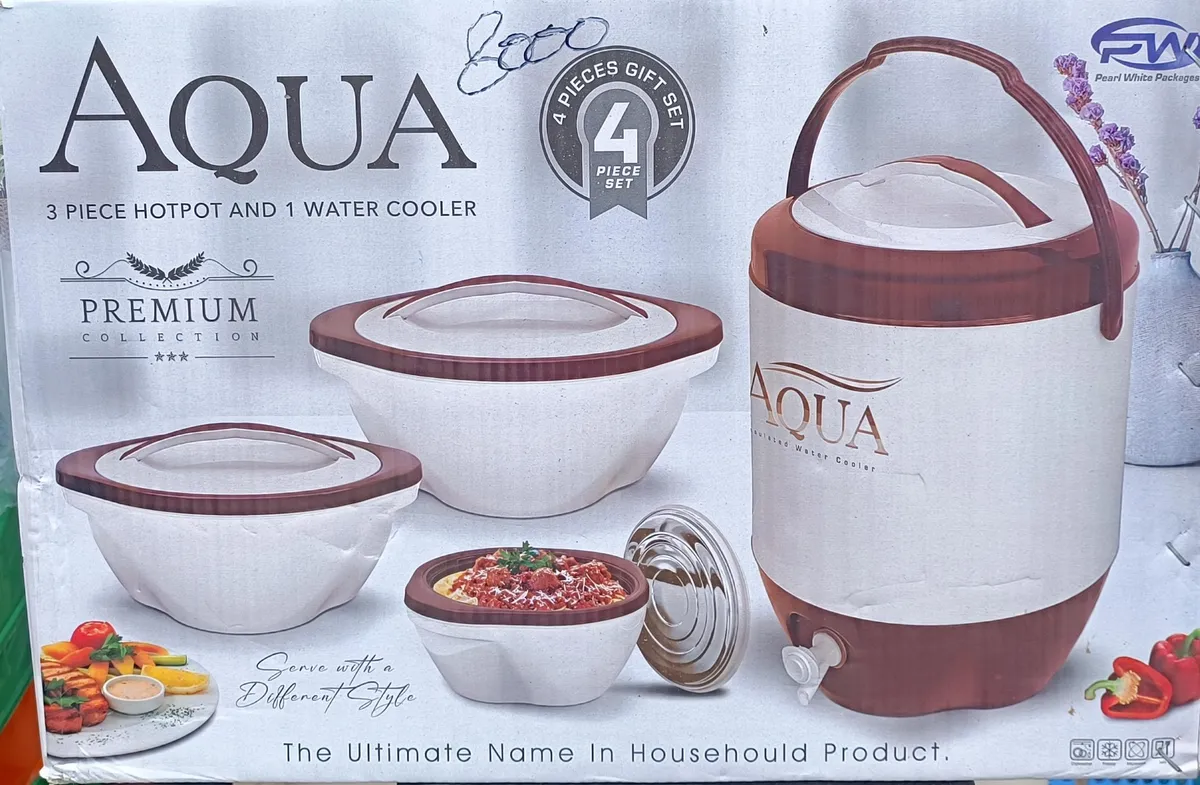 Aqua Premium 4-Piece Insulated Hotpot & Water Cooler Gift Set (by Pearl White Packages)