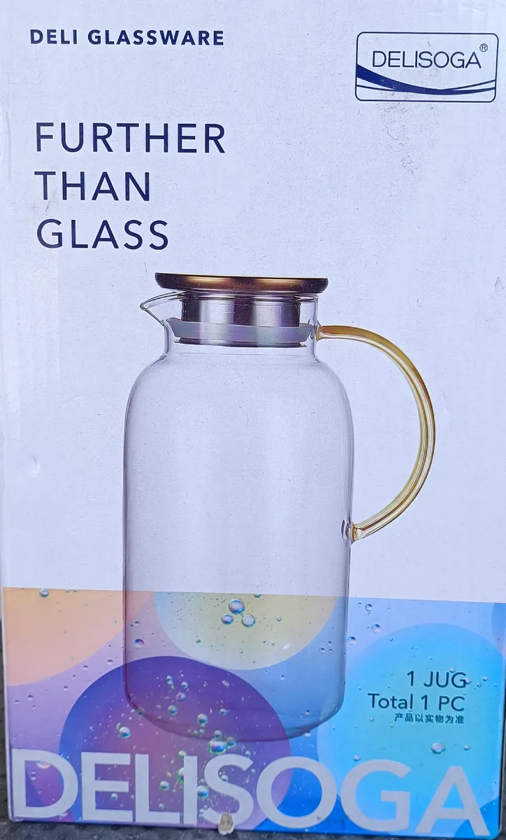 Borosilicate Glass Water Jug with Amber Handle and Metal Lid - Delisoga
